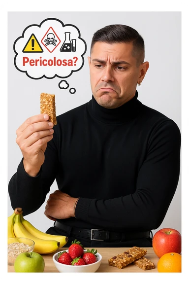 un uomo in abbigliamento sportivo tiene in mano una barretta proteica, osservandola con un’espressione scettica e preoccupata. Sopra la barretta, una nuvoletta di pensiero mostra simboli di allarme, ingredienti chimici e la scritta “Pericolosa?” in rosso. Sullo sfondo, frutta fresca e altri snack naturali sono visibili sul tavolo, sottolineando la sua preferenza per alternative più sane. sticker