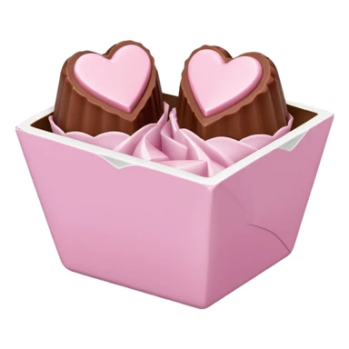 Two sharp-edged square milk chocolate pralines placed diagonally, each in a white fluted paper candy cup, with smooth glossy coating.
Flat thin pastel pink heart icing centered on top with subtle sugar crystal sparkle, clean studio lighting, pure white background, realistic minimal emoji-styleใ sticker