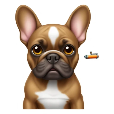 brown french bulldog with a water pistol sticker