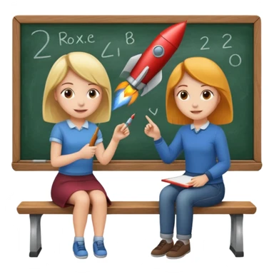 Girl is teaching a guy how to make rocket emojis. Girl at blackboard, guy on bench learning. sticker