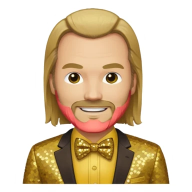 Tyler Mane with long dark blonde hair, yellow shirt, brown sequin suit with bow tie sticker
