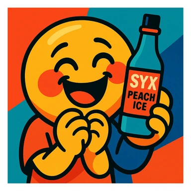 smiling emoji with blushing cheeks, cute begging face, holding a bottle labeled 'Syx Peach Ice', laughing, vibrant toon style sticker