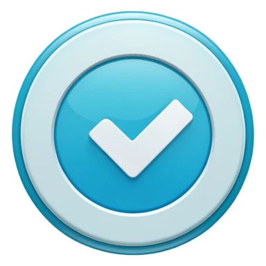 Modern emoji-style  verified icon: cyan-blue circular badge, bold white checkmark, smooth gradient, soft glossy highlights, subtle shine, thick white border, minimalist flat + semi-3D style, smooth edges, high contrast, transparent PNG, high quality, sharp. sticker