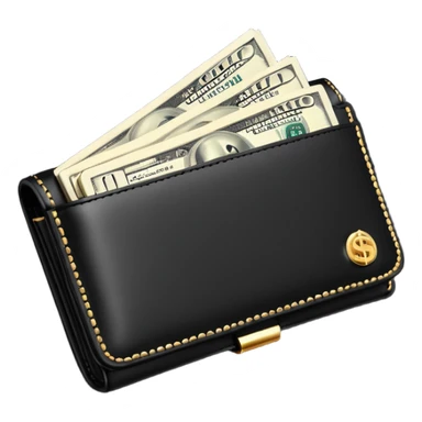 Rich emoji style black leather wallet with dollar bills, luxury money vibe, premium 3D emoji, ultra clean, high detail, no background sticker