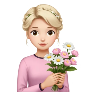 emojis.com a-girl--sitting--near-various-bouquets-of-flowers-,-white-and-pink-flowers-.-she-is-holding-a-single-white-flower-up-to-her-face,-her-hairstyle-is-slightly-messy-updo,-with-a-few-soft-strands-f (1) sticker