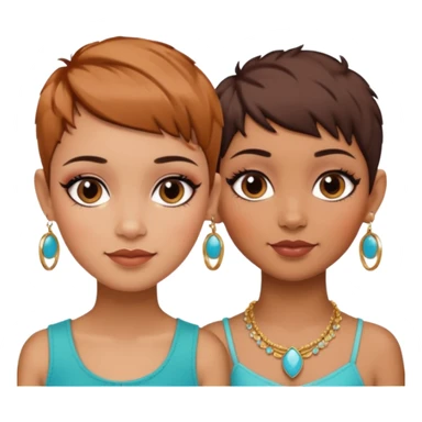 Puerto Rican fair skin straight brown pixie cut hair with hoop earrings make up and my best friend caramel colored pixie cut with jewelry and makeup on her face besties side-by-side sticker