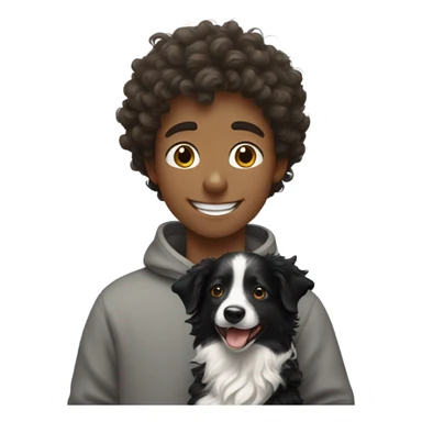 A happy curly-haired boy in a sweatshirt holds a border collie sticker