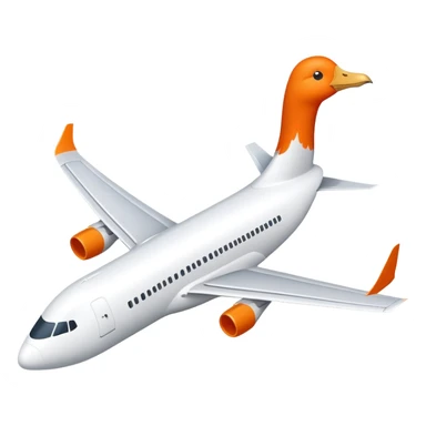 A commercial passenger airplane with a white goose head and orange beak replacing the cockpit sticker