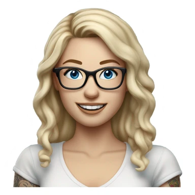 3d photo Realistic blonde Balayage pale beautiful tattooed woman with glasses and blue eyes happy and fashionable  sticker