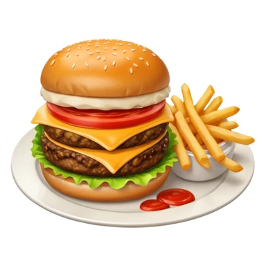 i want a Cheeseburger and Fries with a angle to 15–20° gentle bird’s-eye angle with 2white and red Sause on white plate  sticker