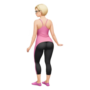 Render from knees up, view from the back, fair skinned woman, curvy, short blond hair, small reading glasses, cooking dinner in kitchen, pink loose tank top, showing natural B cup breast shape SFW, black yoga pants, large curvy booty sticker