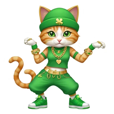 female cat dressed in hip-hop Run DMC style with green outfit, shamrock accessories, gold chains, bling, St. Patrick's Day, break dancing sticker