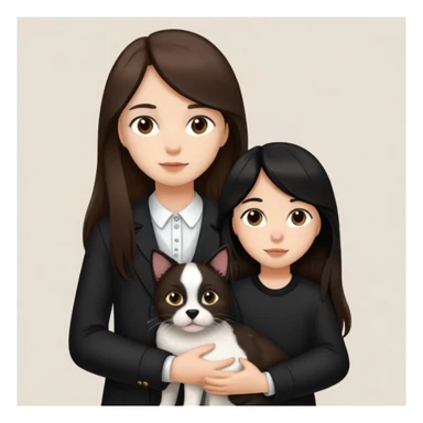 A girl with long brown hair holding the hand of a boy with black hair, both dressed in black, holding a cat and dog sticker