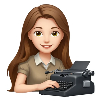 smiling white long brunette hair girl with hazel eyes laying typing on a typewriter sticker