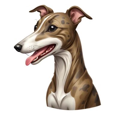 Cinematic Cute Yawning Brindle Greyhound Portrait Emoji, Head tilted slightly with a dramatic, wide-open yawn, showcasing a smooth brindle Fur with a refined pattern, floppy ears slightly drooping, round eyes barely open in drowsy contentment, Simplified yet irresistibly adorable features, highly detailed, glowing with a soft, cozy glow, high shine, relaxed yet expressive, stylized with a touch of whimsy, bright and endearing, soft glowing outline, capturing the essence of a sleepy yet affectionate racer, so drowsy it feels like it could stretch out of the screen and curl up for a nap! sticker