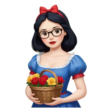 Create a charming and enchanting image of Snow White standing gracefully in the middle of a forest clearing, surrounded by the Seven Dwarfs. Snow White should be depicted with her classic features – pale skin, red lips, black hair, and a dress in blue, yellow, and red. She should be holding a small basket of vibrant, freshly-picked flowers. The Seven Dwarfs should be seen around her, each with their unique characteristics: Doc with his glasses and thoughtful expression, Grumpy with a scowl, Happy with a big smile, Sleepy looking drowsy, Bashful blushing, Sneezy mid-sneeze, and Dopey with his playful and mischievous look. The scene should be set in a lush, green forest with tall trees, colorful flowers, and beams of sunlight filtering through the canopy. The overall ambiance should be lighthearted, magical, and full of fairy tale charm. sticker