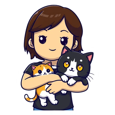 Brown straight-haired girl with black top, white cat with yellow eyes, and calico cat sticker