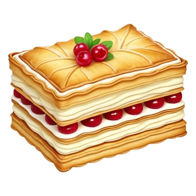 mille-feuille-cinematic-realistic-mille-feuille-dessert-emoji,-depicted-as-a-rectangular delicate-pastry-composed-of-two-crisp-layers-of-puff-pastry-with-a-rich-cream-filling,-rendered-with-intricate-textures-and-elegant,-soft-lighting. Please only show two layers only. sticker