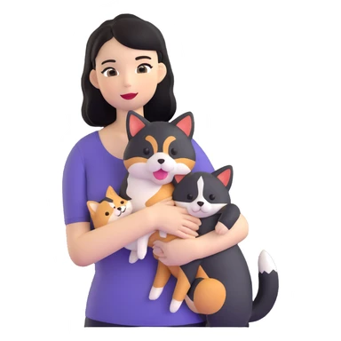 girl with black shoulder-length hair wearing a black tight-fitting top with a calico cat with white mouth and a shiba inu dog sticker