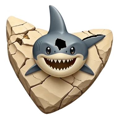 3D render of Shark Tooth, embedded in a chunk of rough sedimentary rock, cracked stone texture, ancient fossil aesthetic, shiny black enamel tooth embedded in beige sand, matte dry finish, Apple emoji style, isolated on white background --v 6.0, only shark teeth sticker