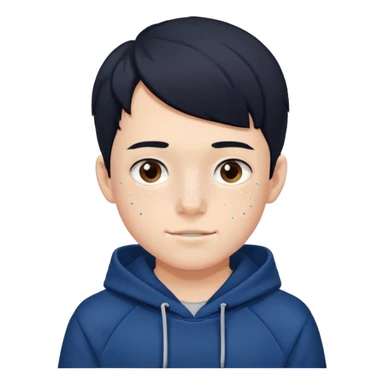 A boy like felix of straykids in his hair, he has the color hair black, he has freckles, his skin is white, he has a brackets, he wears a blue dark hoodie sticker