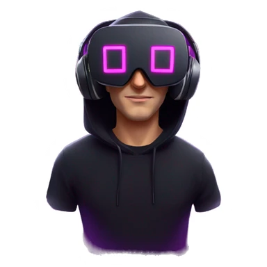 Russian man wearing a black hoodie with "OMG" letters on it and VR headset in a cyberpunk VR environment with violet neon lighting. sticker