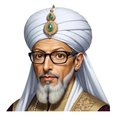 Jeff Goldblum without glasses as a regal portrait dressed as _cinematic-realistic-portrait-of-suleiman-the-magnificent,-depicted-as-a-regal-ottoman-sultan-adorned-with-a-large,-white,-round,-tall-turban-and-a-majestic-grey-beard,-his-commanding-gaze-bathed-in-warm,-historic-lighting-that-exudes-timel sticker