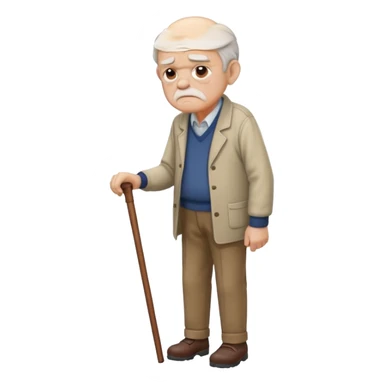 Old man leaning on a walking cane and holding his crancky back with his hand, grumpy face, detailed sticker