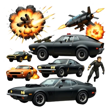Photorealistic Icon for Action Movies: Dynamic collage of iconic action movie scenes featuring explosions, fast cars, combat, and weapons. Include silhouettes of famous action heroes, dramatic lighting, and a sense of high-octane energy. Transparent background. sticker