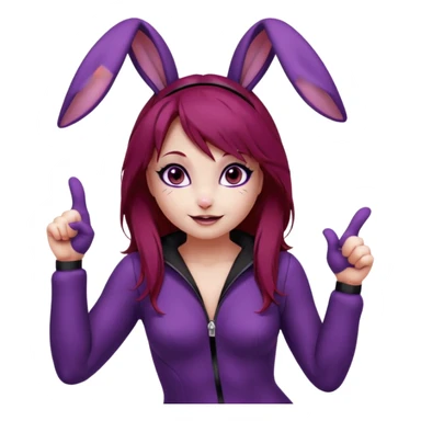 Bunny girl, with dark red crimson hair color, and black bunny ears. Deep purple eyes. Wears a classic bunny suit. List of expressions:
Disappointed expression
Thumbs up with a happy face
Happy face with sparkly eyes
Surprised face like " O_O "
silly and cute dead on the ground with X's on eyes. sticker
