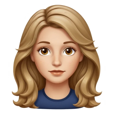 long dark Blond with highlights wavy hair white women, oval shape face hazel eyes long lashes little bit of freckles on the nose high cheek bones sticker