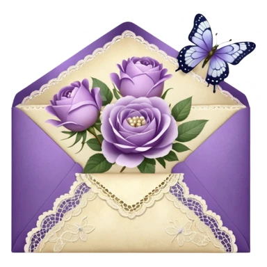 A delicate still life of an aged love letter sealed with golden wax, placed on a vintage lace doily, accompanied by a bouquet of pale purle roses and white peonies, with a shimmering pearl butterfly resting on the envelope. sticker