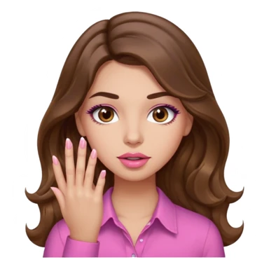 girl with long wavy brown hair, brown eyes, light to medium complexion, in a pink shirt, pink lips, long lashes, puckered lips,  showing  long finger nails sticker