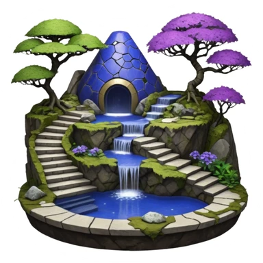 Crashed Alien saucer pool-house jungle winding narrow stairway fountain lakeside mountainside -island getaway nighttime landscape antique mudman very old broken cracked intricate Stone Age lapis-crusted irregular dodecagon-shaped shallow dark moss rough bark violet serissa flowered maple tree bonsai sticker