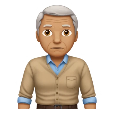 Clothed mature man standing, facing viewer, holding his crotch sticker