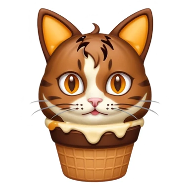 Haz un emoji de un helado de chocolate con sirope naranja, con cara de gato y orejas y bigotes de gato sticker