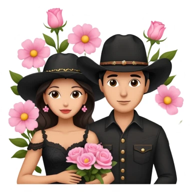 couple in front of Eiffel Tower, man in black cowboy hat, woman in elegant dress, pink flowers around sticker