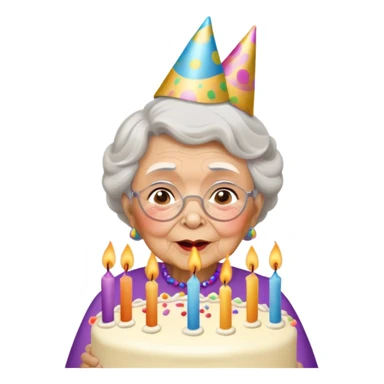 Grandma blowing out birthday candles wearing a party hat sticker