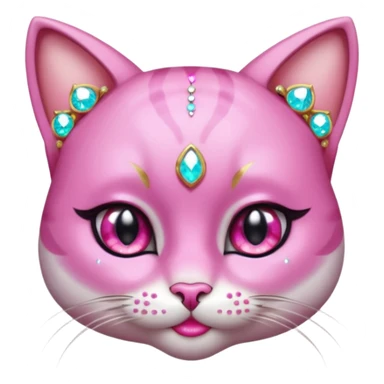 glamorous cat portrait, head and shoulders only, exaggerated pink makeup, bright eyeshadow, long eyelashes, shiny blush cheeks, sparkling face gems, glitter accents, elegant earrings, fantasy beauty style, cute 3D cartoon, mobile game icon style, clean background, no text, no watermark
 sticker