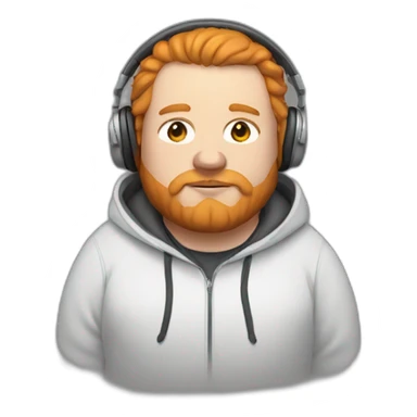 fat white man wearing a hoodie with a hood on, headphones on, ginger hair and beard sticker