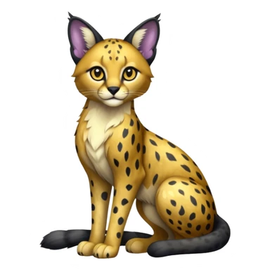 Colorful adorable sitting shiny spectral glittery soft smooth black gloomy dark dull melanistic black-and-gold-glittery wealthy luxurious accessorized elegant beautiful pretty Caracal-Cheetah-Serval-Snow-Leopard-Trico-Sergal-Vernid-fusion-hybrid-animal-creature, full body sticker