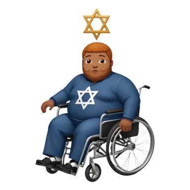Obese Down syndrome black man with ginger hair in a wheelchair with a Jewish symbol  sticker