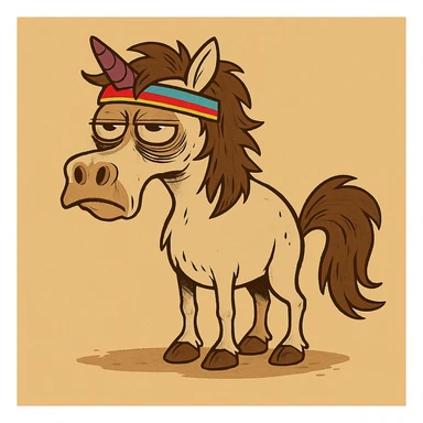 Remove the bathrobe and coffee cup from the unicorn. Add a cheerful, bright headband. Keep the cartoonish style, unicorn remains disgusting and rumpled with bags under his eyes and a drooping horn. sticker