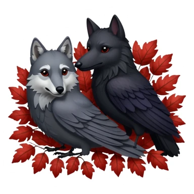 A raven bird and a wolf laying together with Weirwood leaves beneath them  sticker