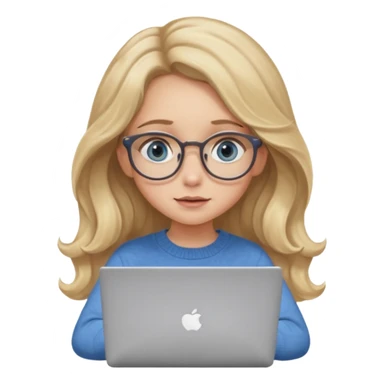 blonde girl with long dark blonde wavy hair, blue big eyes, pantos-style glasses, a brown colored sweater, sitting and looking in laptop, soft pastel, upper body shot sticker