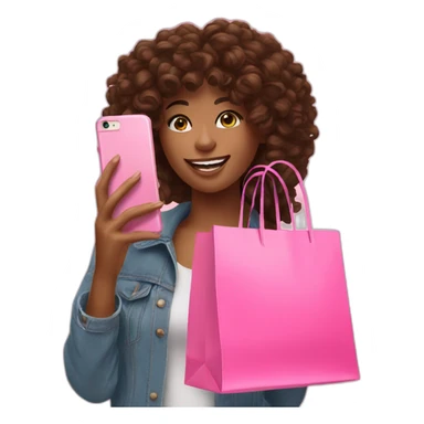 influencer taking selfie with a pink shopping bag sticker