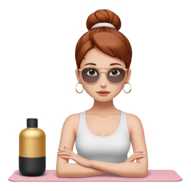Clean girl influencer character, chest-up portrait.Sleek tight bun hair color (auburn .Natural glossy makeup, soft blush, shiny lips.Minimal white tank top, small gold hoop earrings, delicate gold necklace.Black sunglasses on head.Rolled yoga mat hanging over her shoulder. sticker