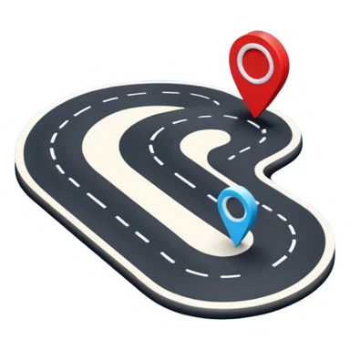 3D navigation map icon, simple curved road, location pin, smooth rounded shapes, Waze style, blue white and black colors, small red accents, clean minimal design, no background sticker