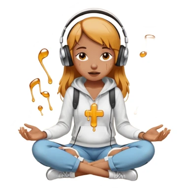 This girl(🧘🏻‍♀️) is sitting cross-legged in a meditation pose, wearing headphones(🎧) and listening to music. The song is so good that honey is dripping from her ears, and her expression is completely dazed because she’s enjoying the music so much. sticker