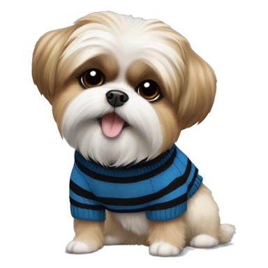 Shih Tzu and Pomeranian dog mix with a blue and black stripped sweater on and a black collar  sticker